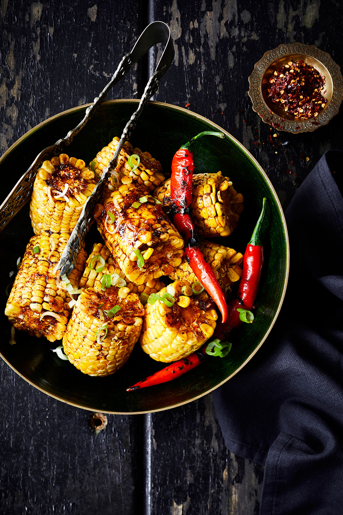My Indian Kitchen • Spicy Grilled Corn Cob with Raw Chilli & Spring Onion • Cookbook & Editorial Food Photography