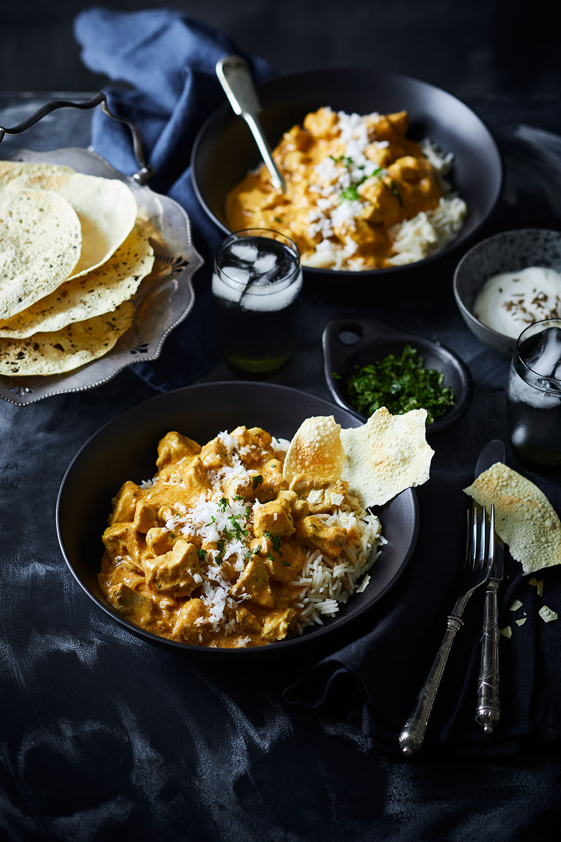 My Indian Kitchen • Coconut Chicken Curry with Popadoms & Basmati Rice • Cookbook & Editorial Food Photography