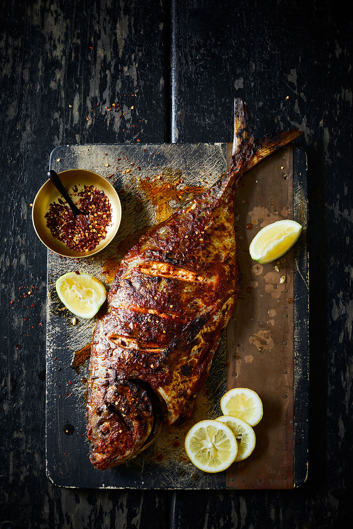 Masala Fish with Chilli & Lemon on Wooden Board • Advertising & Editorial Food Photography