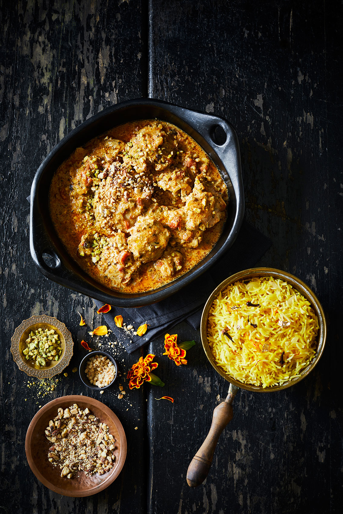 My Indian Kitchen • Nutty Chicken Curry with Flowers & Saffron Rice • Cookbook & Editorial Food Photography