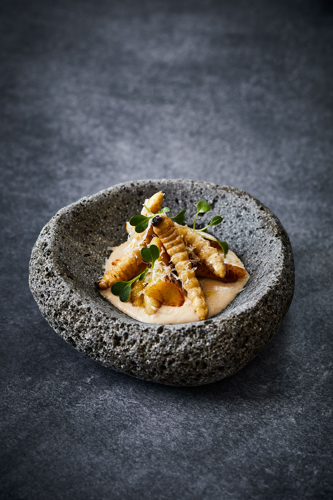 Hiakai • Savoury Gnocchi with Huhu Sauce in Rock Bowl • Lifestyle & Hospitality Food Photography