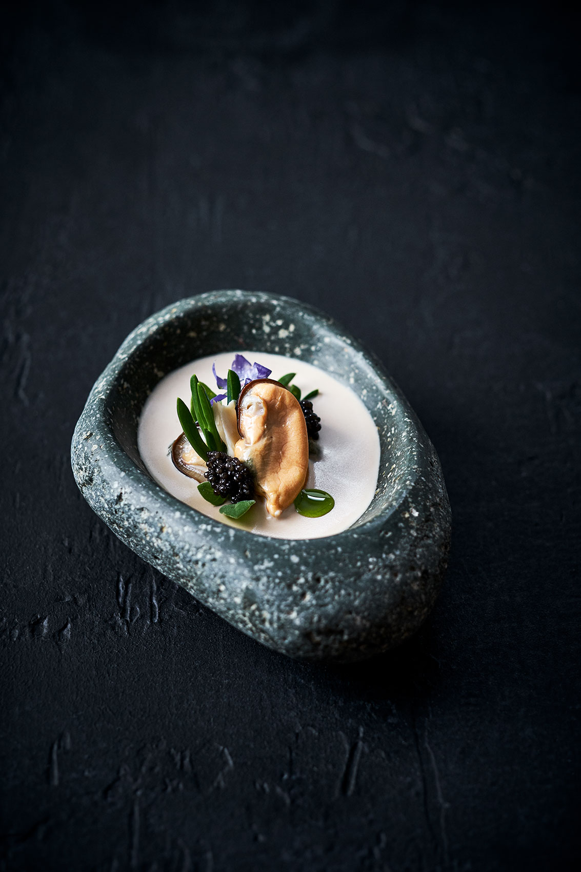 Hiakai • Savoury Kina Custard with Mussels & Caviar in Rock Bowl • Lifestyle & Hospitality Food Photography