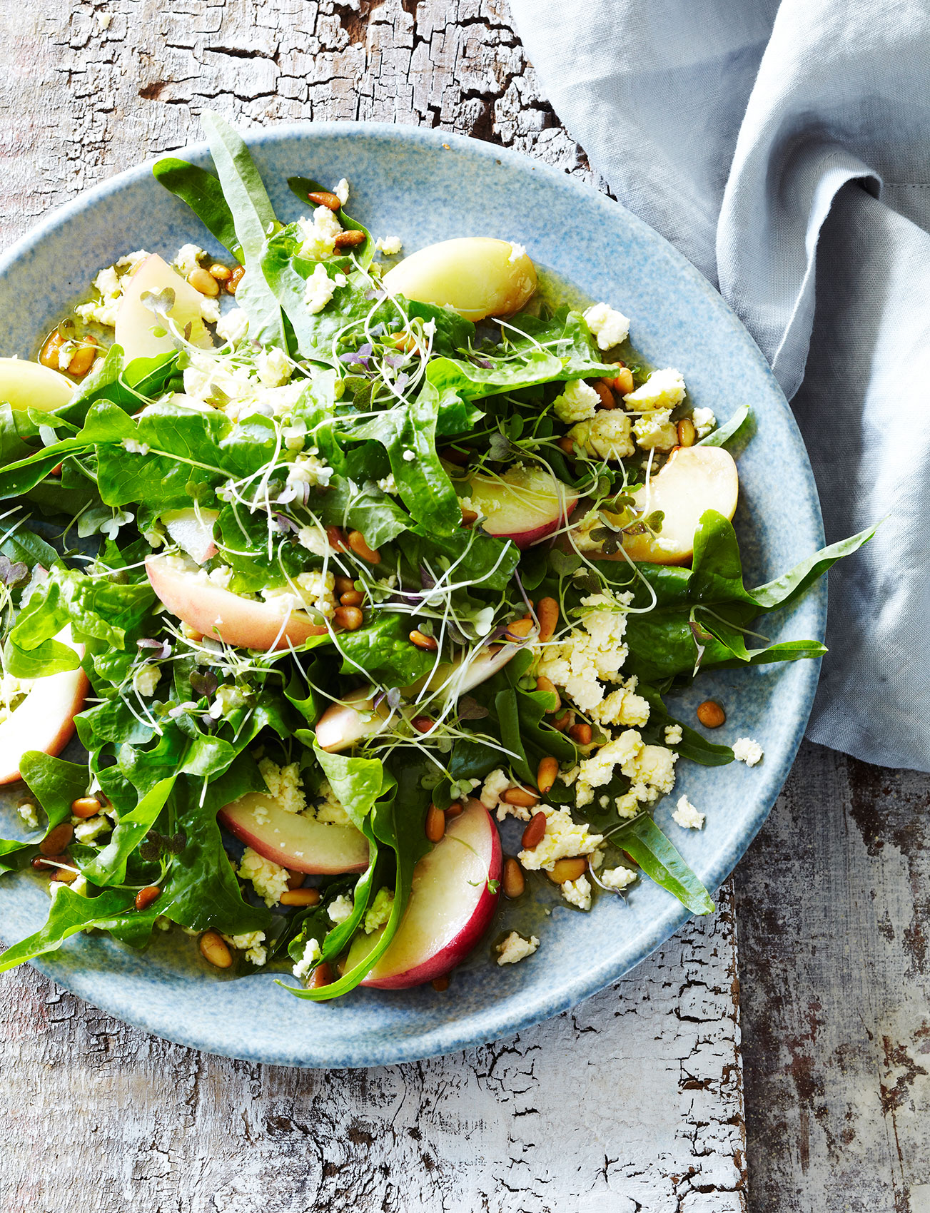 Simple Salads • Green Oak Peach Salad with Feta, Pine Nuts & Sprouts • Cookbook & Editorial Food Photography