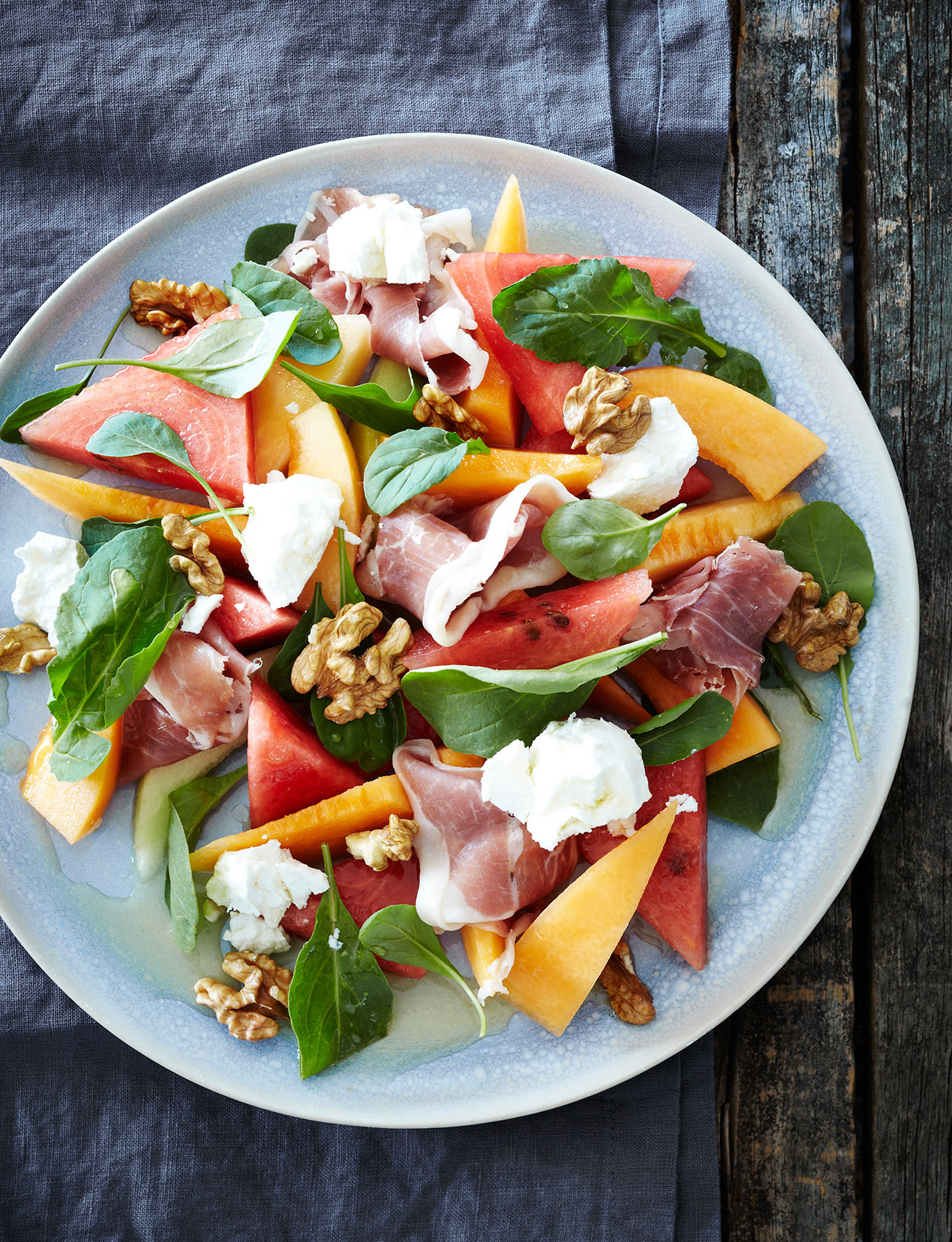 Simple Salads • Melon & Prosciutto Basil Rocket Salad with Walnuts & Goat Cheese • Cookbook & Editorial Food Photography