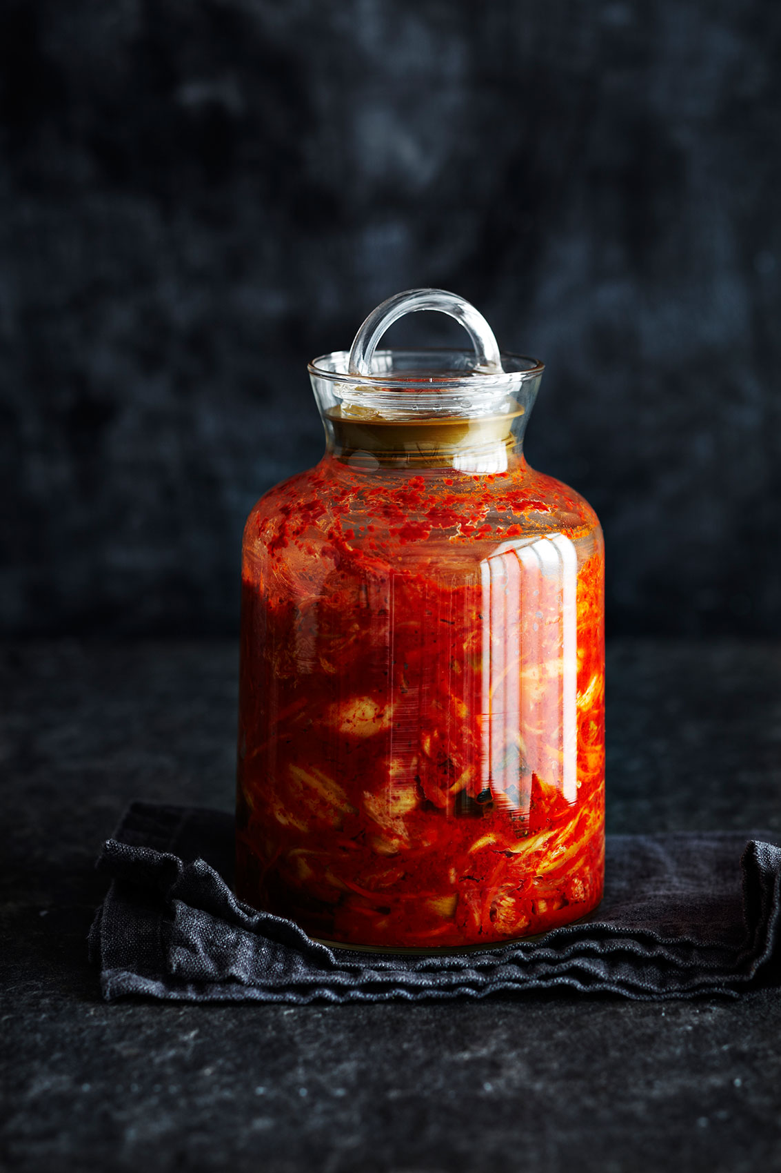 Spice Health Heroes • Home-Made Red Kimchi in Wide Glass Jars • Cookbook & Editorial Food Photography