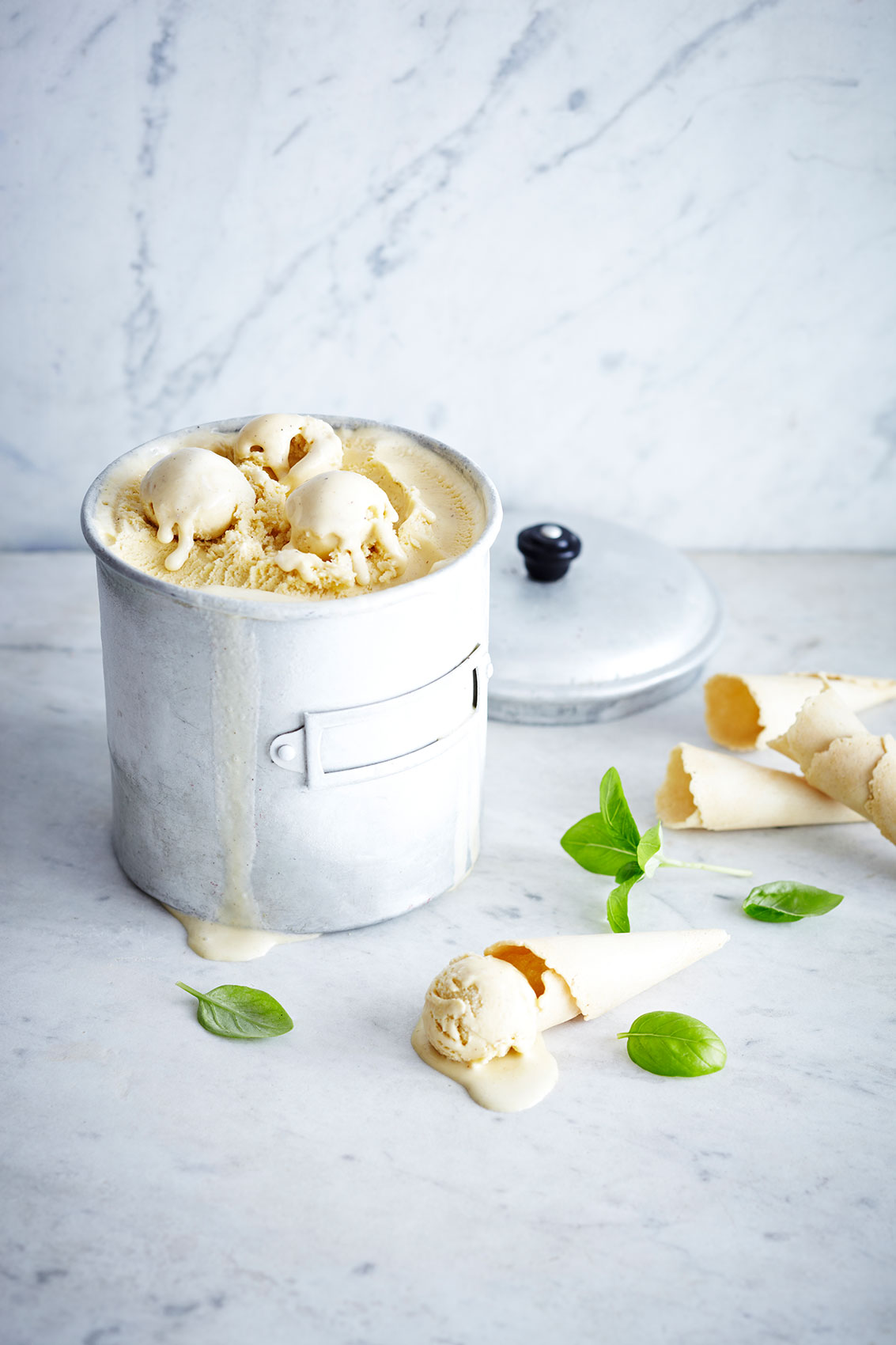 Spice Health Heroes • Basil Ice Cream Cones Scooped from Metal Tub • Cookbook & Editorial Food Photography