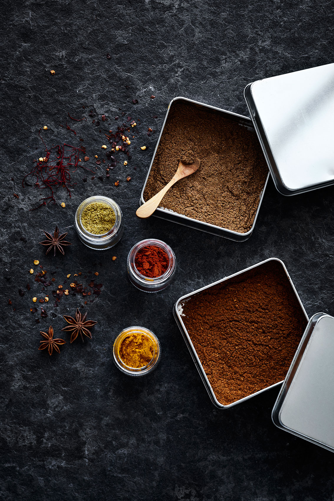 Spice Health Heroes • Colourful Powdered Spices in Square Tins • Cookbook & Editorial Food Photography