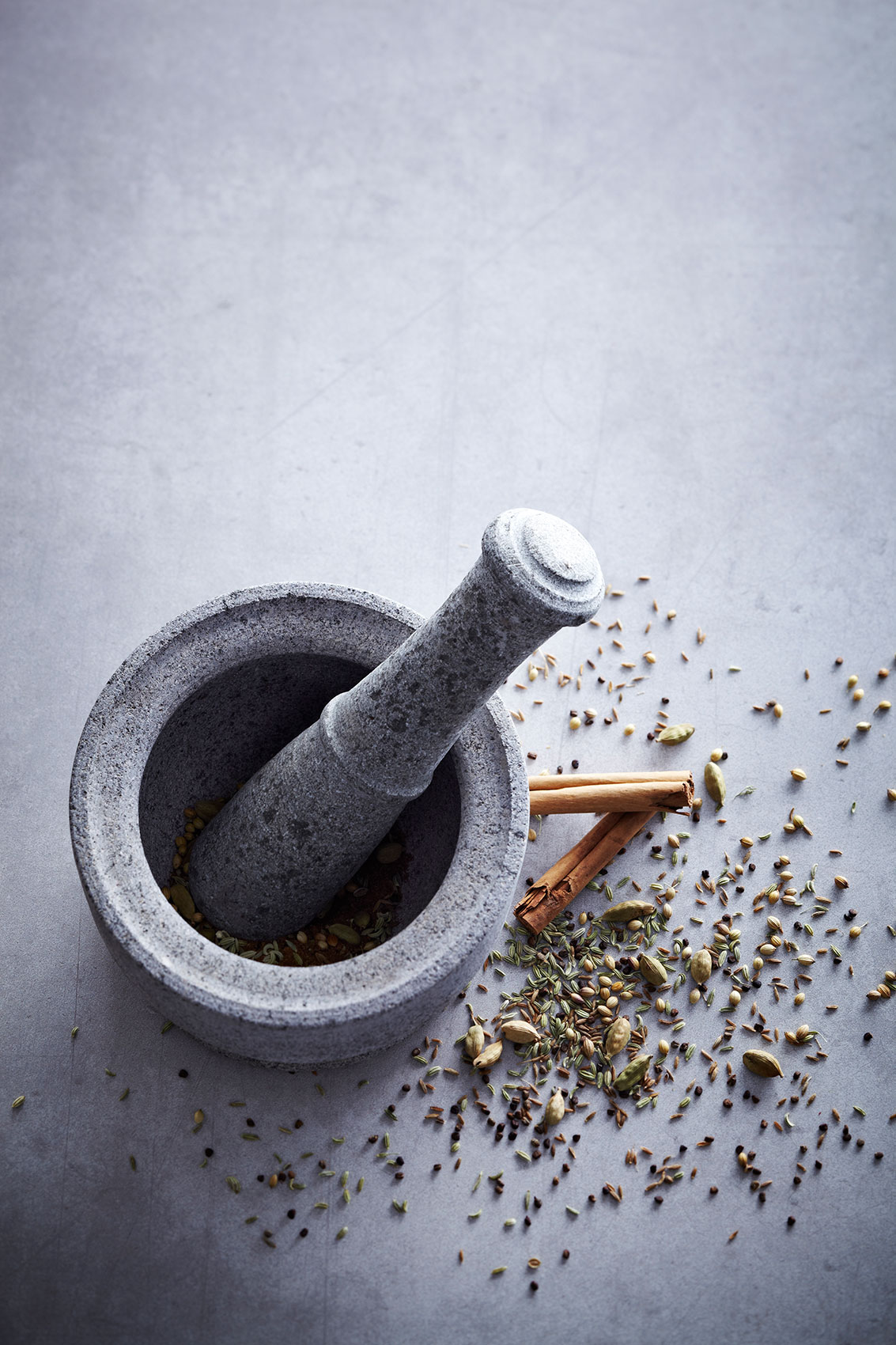 Spice Health Heroes • Mixed Dried Spices in Stone Mortar & Pestle • Cookbook & Editorial Food Photography