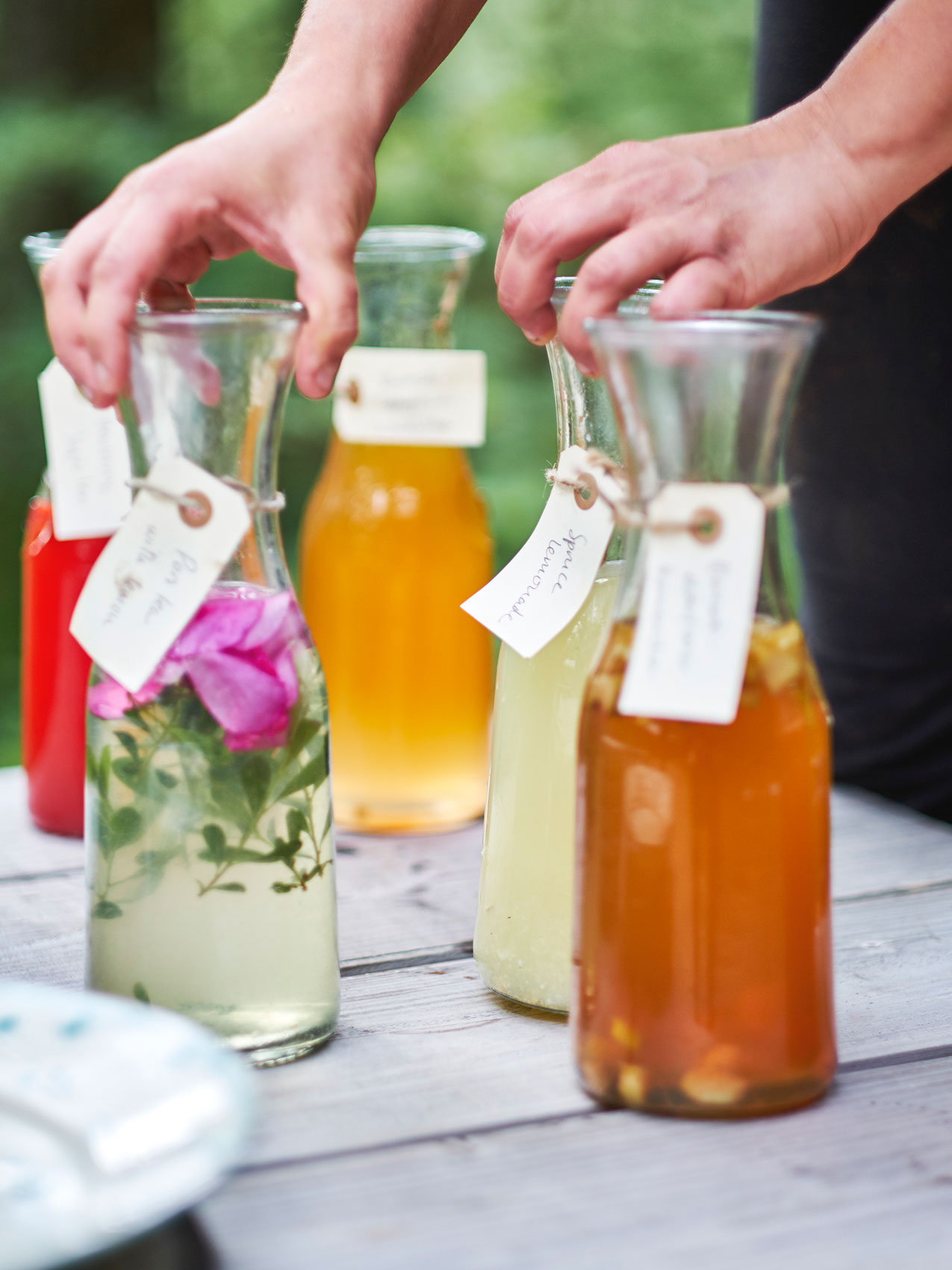 Stedsans in the Woods • Rose Water & Spruce Lemonade in Glass Pitchers • Lifestyle & Editorial Food Photography
