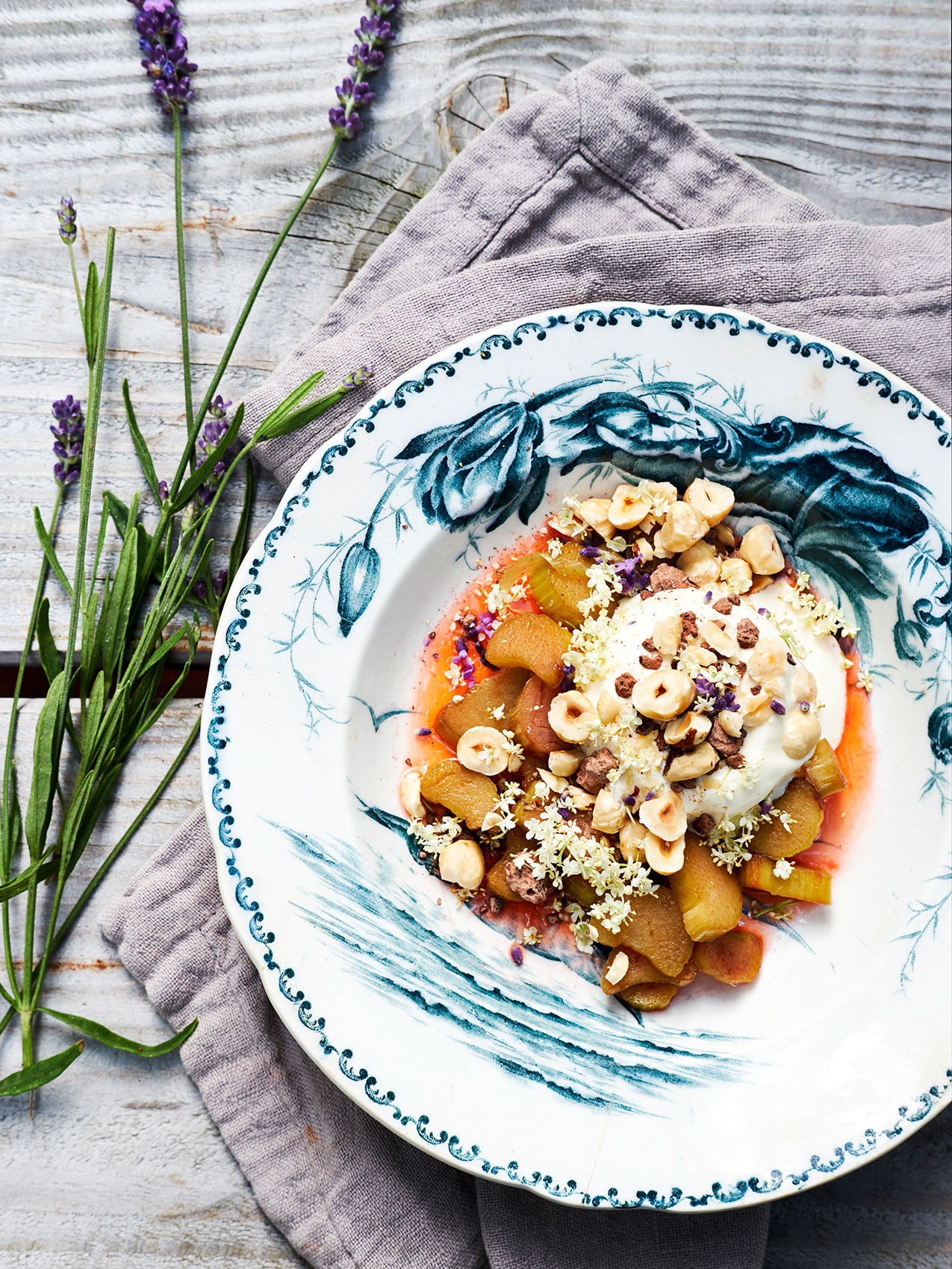 Stedsans in the Woods • Rhubarb Parfait with Lavender Flowers & Nuts • Lifestyle & Editorial Food Photography