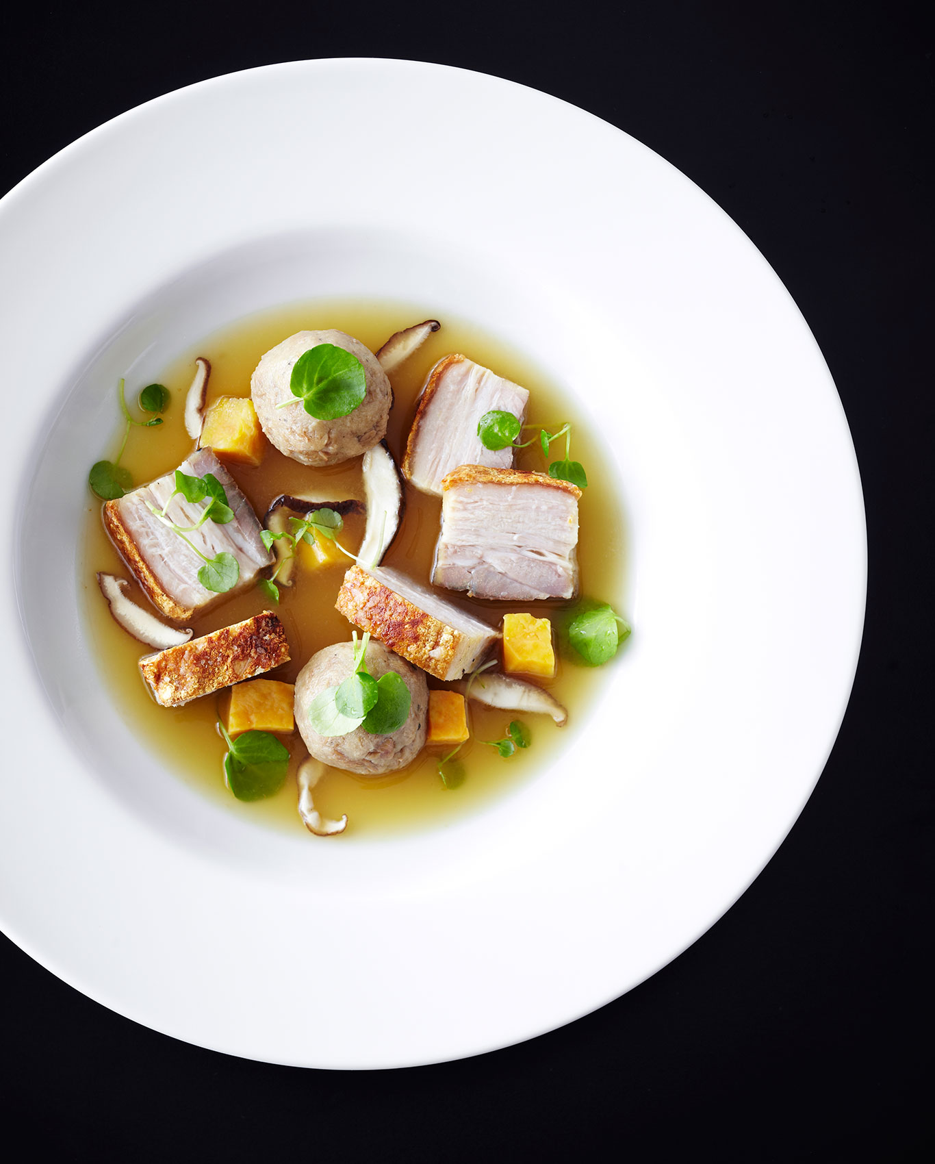 Southon Cooking • Kiwi Classic Pork Puha on Fine White Plate  • Hospitality & Editorial Food Photography