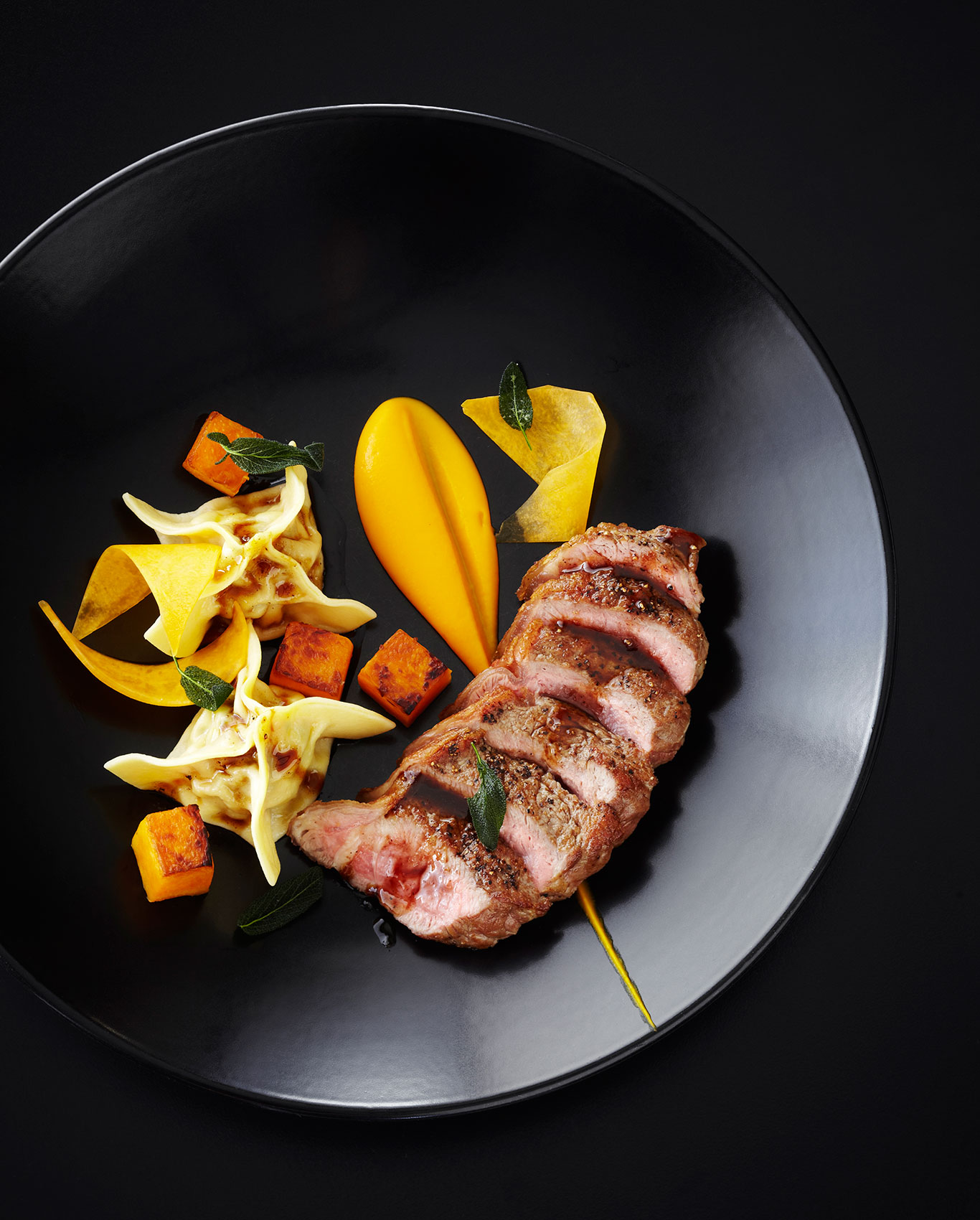 Southon Cooking • The Foodstore Roast Veal with Pumpkin & Sage on Dark Plate • Hospitality & Editorial Food Photography