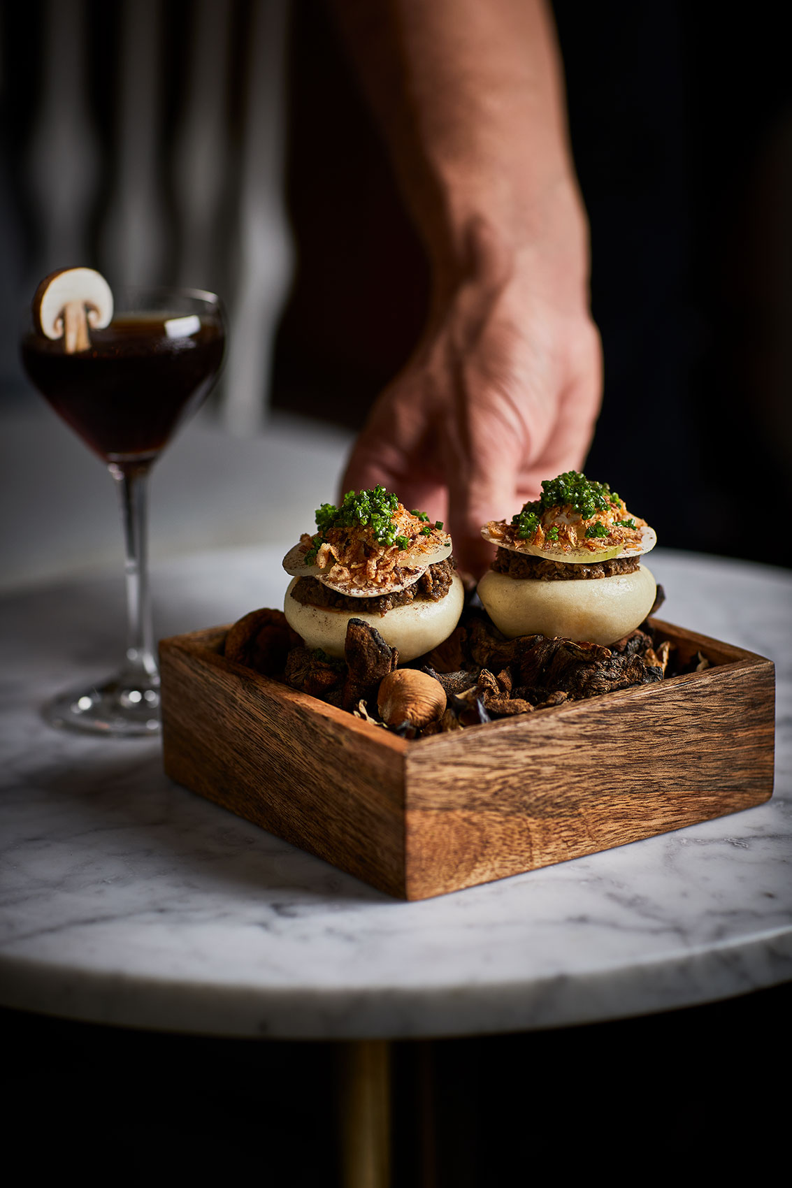 The Grove Wooden Mushroom Box Bar Snacks • Hospitality & Culinary Food Photography